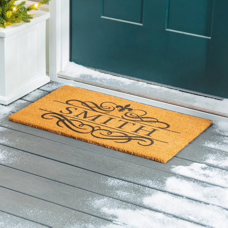 Doormat Personalized Text Fleur de Lis Motif Traditional Scroll