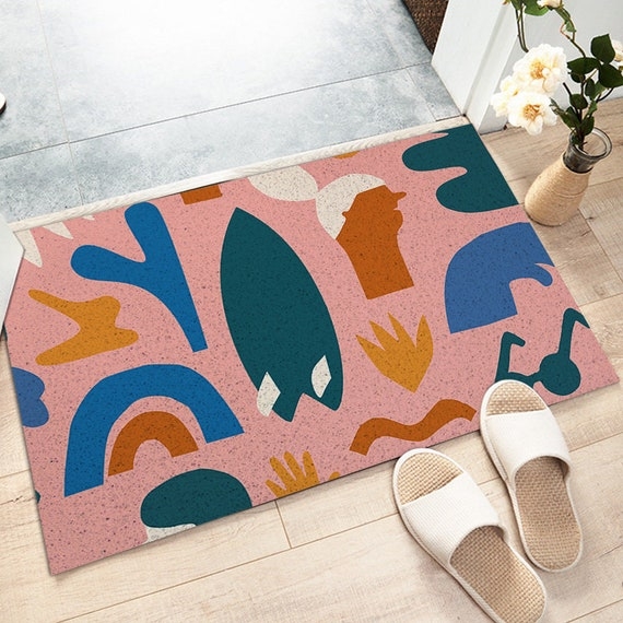Doormat Pink Abstract Pattern Teal Mustard Coil Texture Mudroom Mat