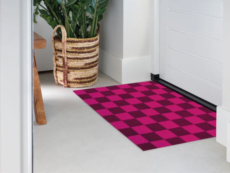 Doormat Pink and Burgundy Checkered Pattern Low Profile Modern Foyer