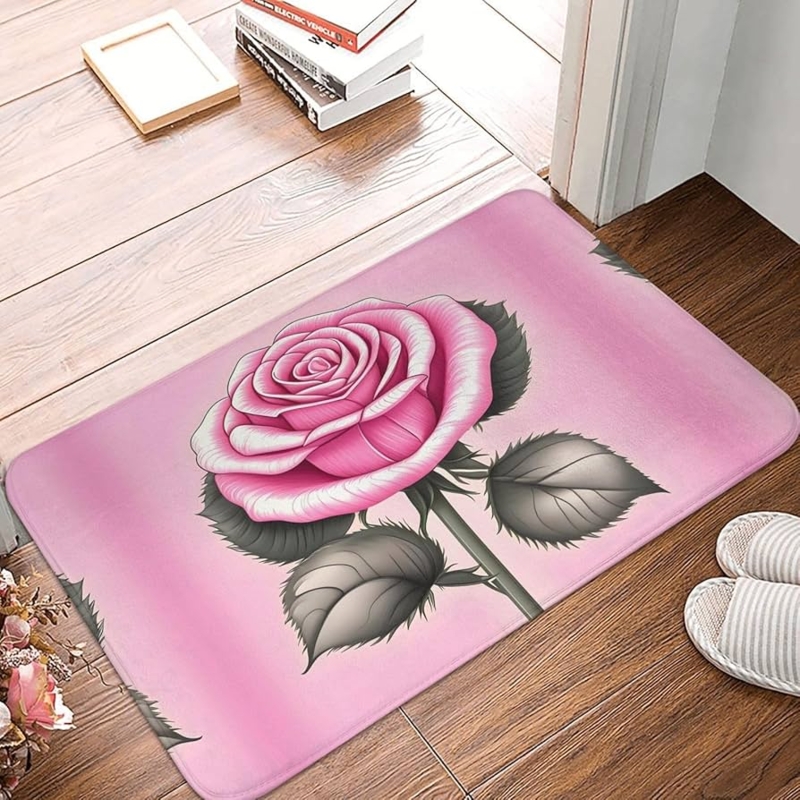 Doormat Pink Large Rose Graphic Grey Leaves Ombre Pattern Romantic