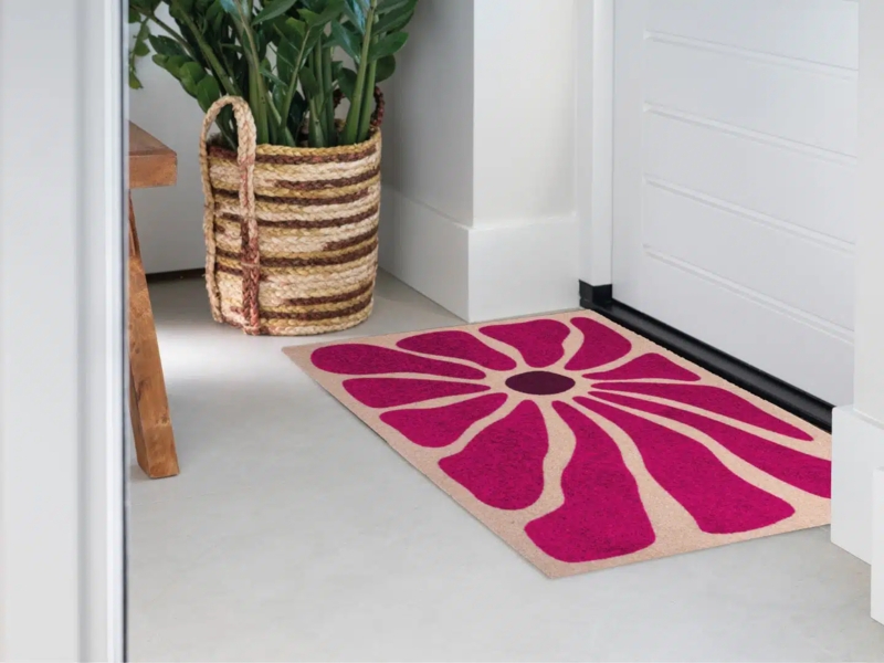 Doormat Pink Wildflower Design Oversized Graphic Woven Texture Boho