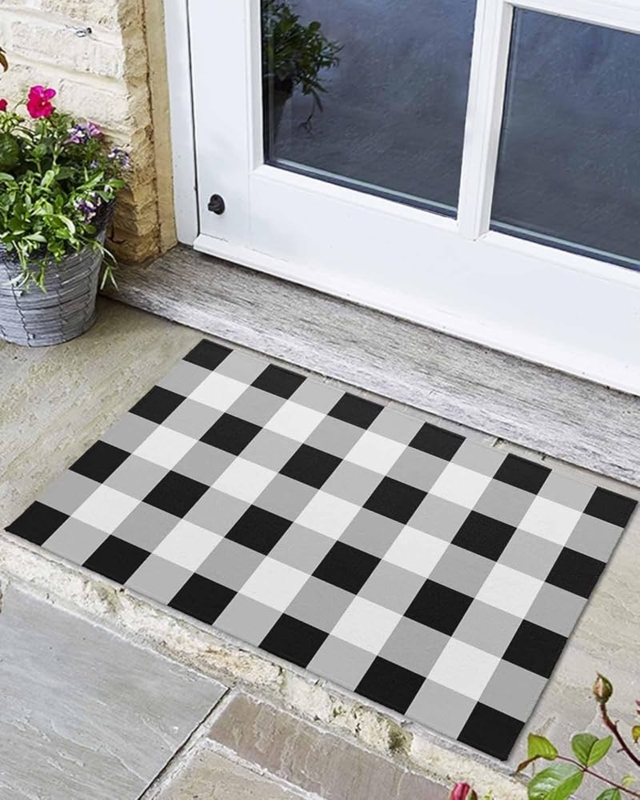 Doormat Plaid Pattern Low Profile Black and White Monochrome