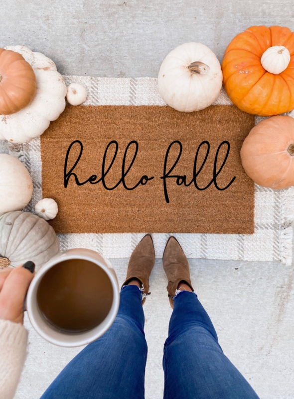 Doormat Plaid Porch Decor 'Hello Fall' Script Modern Farmhouse Layered