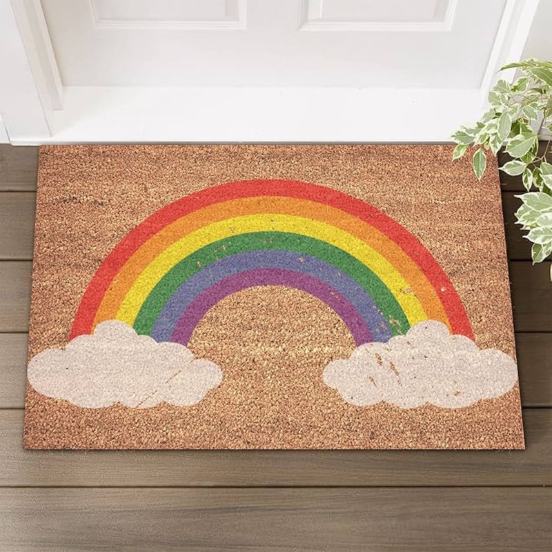 Doormat Rainbow Cloud Motif Coir Fiber Whimsical Front Door Decor