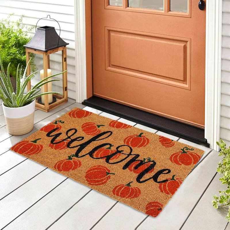 Doormat Rectangular Cursive 'Welcome' Scattered Pumpkin Pattern Coir