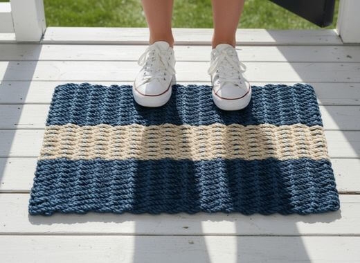 Doormat Recycled Lobster Rope Chunky Weave Coastal Navy