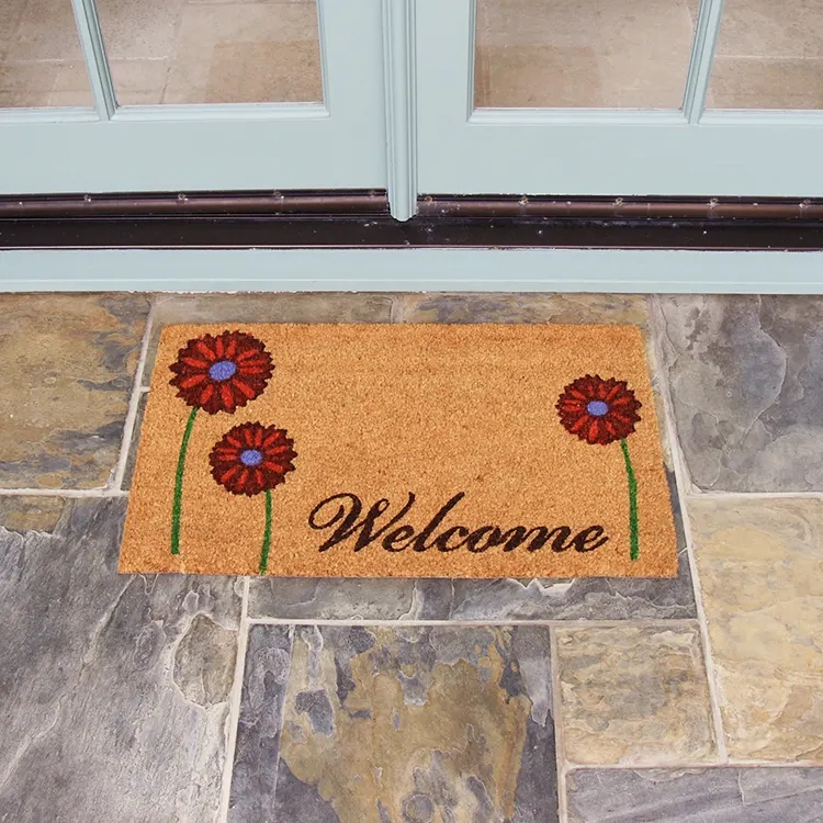Doormat Red Daisies Coir Texture Cottage Welcome Mat