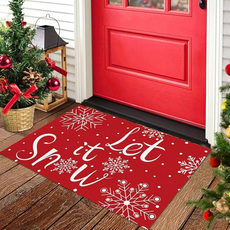 Doormat Red On Red Coordination, Let It Snow Typography, Festive Red Christmas Doormat