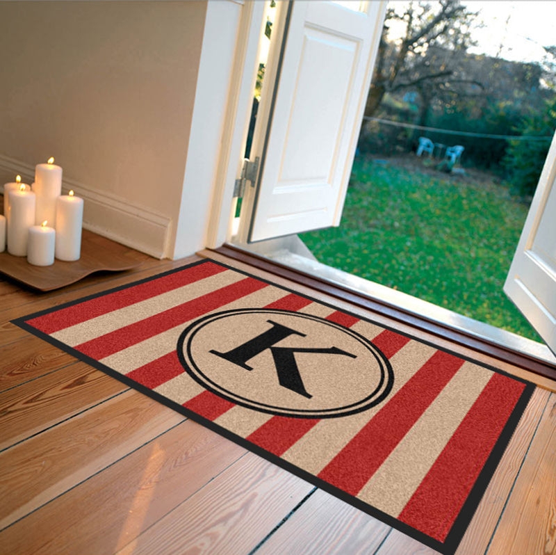 Doormat Red Stripes Monogram K Black Border Farmhouse Entryway Rug