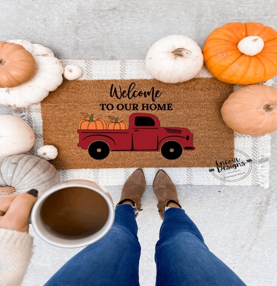 Doormat Red Truck & Pumpkins Farmhouse Coir Welcome Mat Layered Look