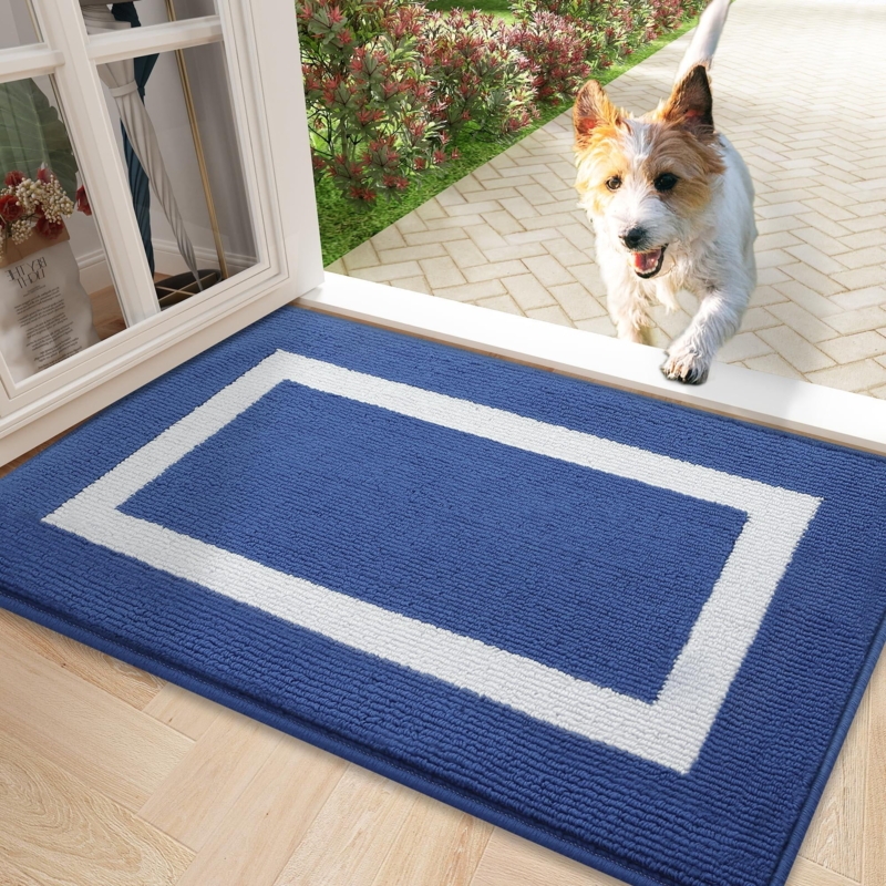 Doormat Ribbed Surface White Border Navy Blue Entryway Rug