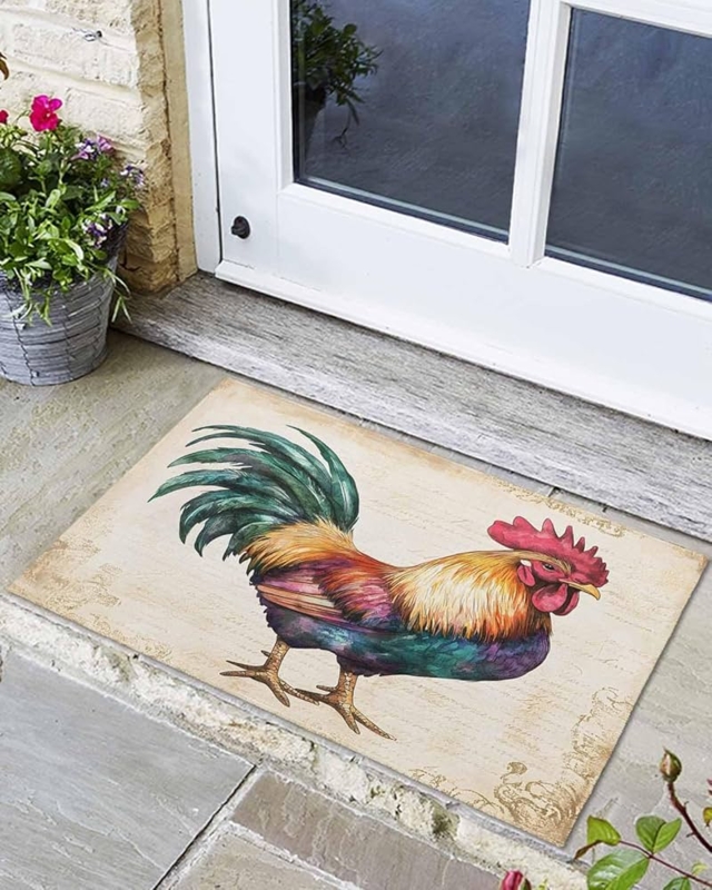 Doormat Rooster Illustration Aged Parchment Base Low Profile Country Style