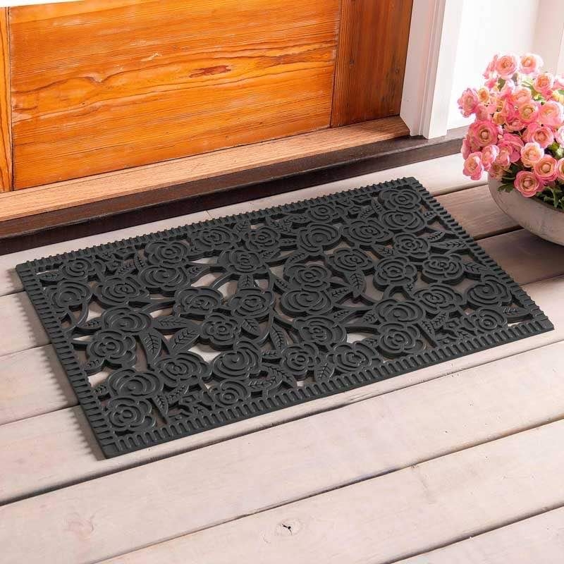 Doormat Rose Motif Cutouts Charcoal Black Rubber Cottage