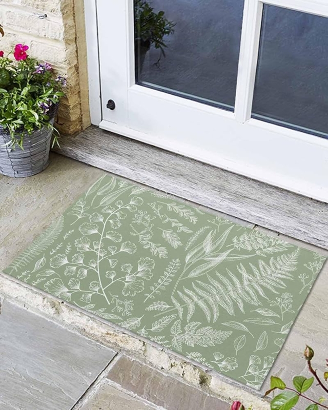 Doormat Sage Green Botanical Fern Leaf Low Profile Entryway Rug