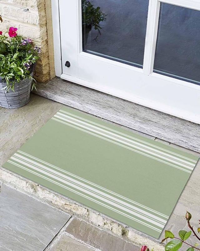 Doormat Sage Green Horizontal Striped Low Profile Modern Farmhouse