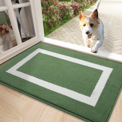 Doormat Sage Green White Inset Border Ribbed Absorbent Mudroom Mat