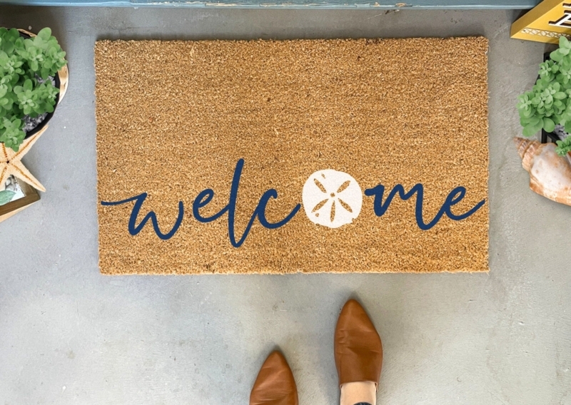 Doormat Sand Dollar Motif Navy Script Coir Coastal Welcome Mat Entry