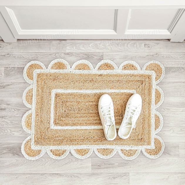 Doormat Scalloped Jute Entryway Rug Braided Texture Coastal Tan White