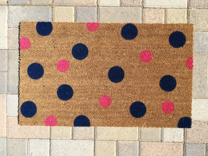 Doormat Scattered Navy Pink Polka Dots Coir Whimsical Patio Accent