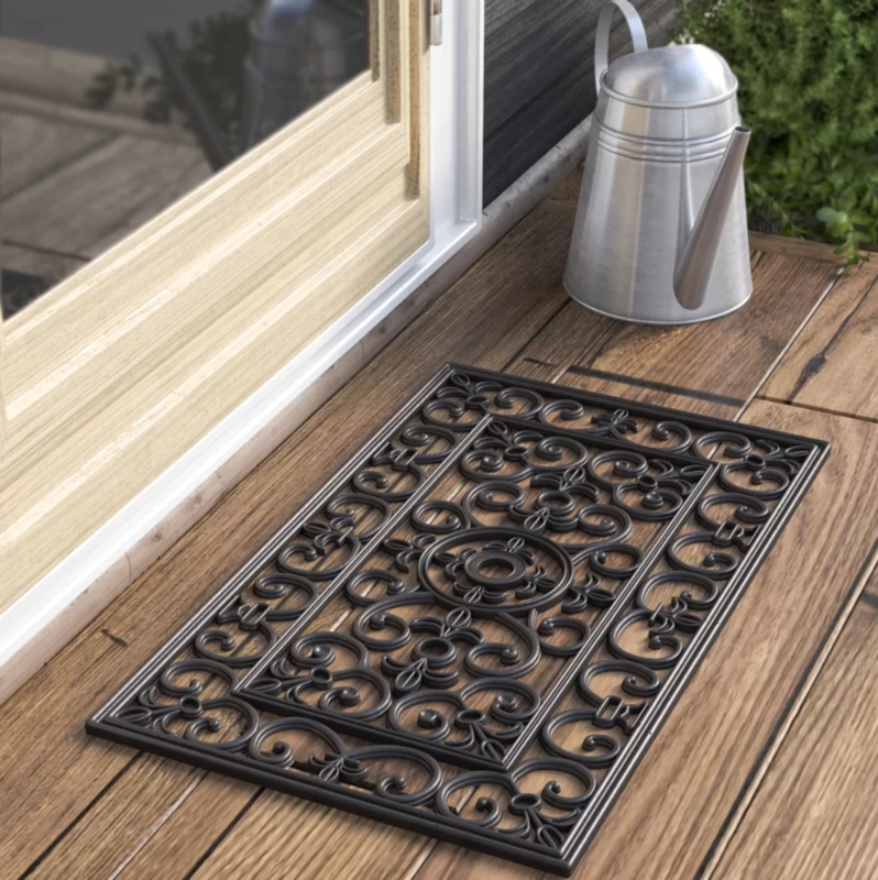 Doormat Scrollwork Black Rubber Weather-Resistant