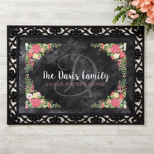 Doormat Scrollwork Border Chalkboard Style Personalized Floral Corners
