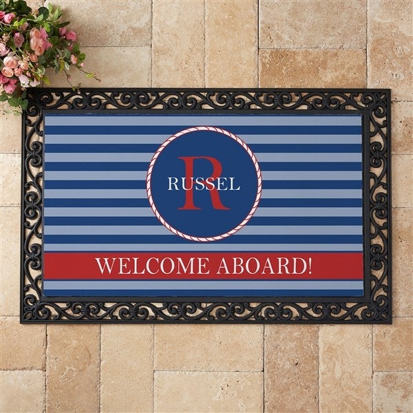 Doormat Scrollwork Border Monogrammed Nautical Stripes Front Door