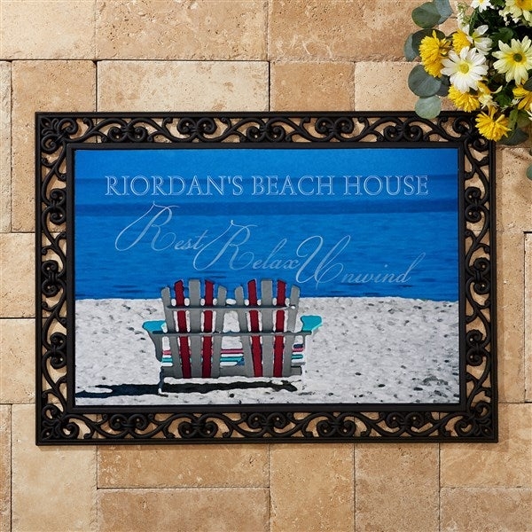 Doormat Scrollwork Border Personalized Beach Scene Rubber Coastal Style