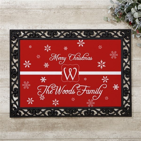 Doormat Scrollwork Frame Personalized Monogram Rubber Like, Festive Red Snowflake Welcome Mat