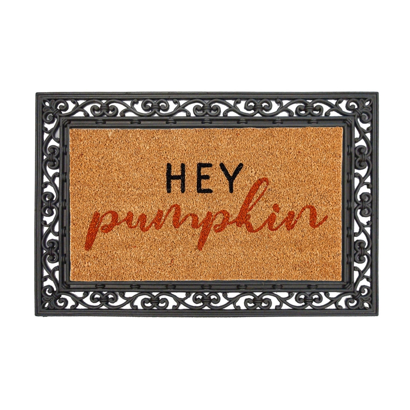 Doormat Seasonal Autumn Greeting Hey Pumpkin Rubber Scrollwork