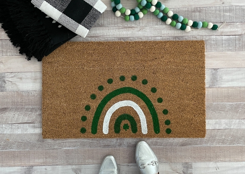 Doormat Shamrock Motif Seasonal Rainbow Entryway Decor Coir Green