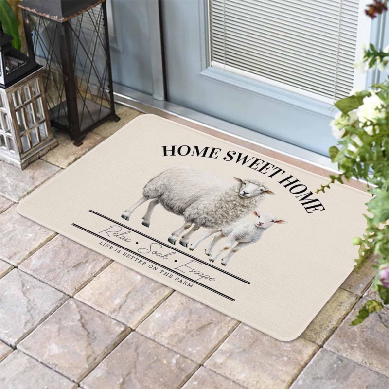 Doormat Sheep And Lamb Illustration Low Profile Farmhouse Typography Mat
