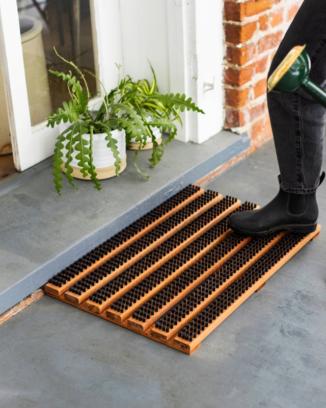 Doormat Slatted Design Integrated Brushes Wood Toned Utilitarian Scraper