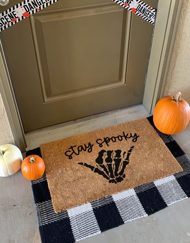 Doormat "Stay Spooky" Text with Skeleton Shaka Hand Layered Rug Styling