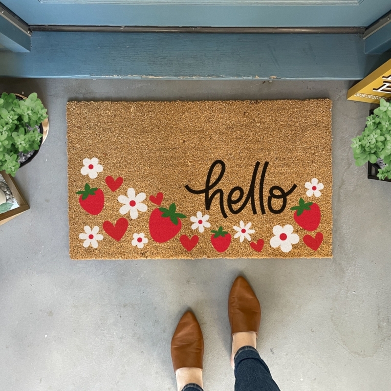 Doormat Strawberry Floral Print Script Hello Coir Whimsical Entryway