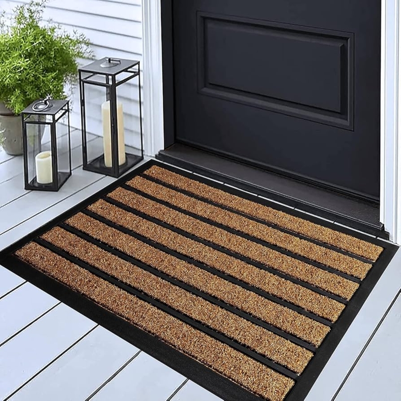 Doormat Striped Brown Black Rubber Border Low Profile