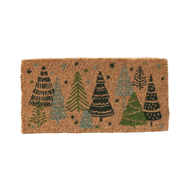 Doormat Stylized Evergreen Forest Coir Like, Multi Tone Greenery, Festive Christmas Tree Doormat