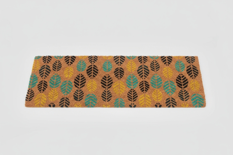 Doormat Stylized Leaf Motif Wide Rectangular Teal Contemporary