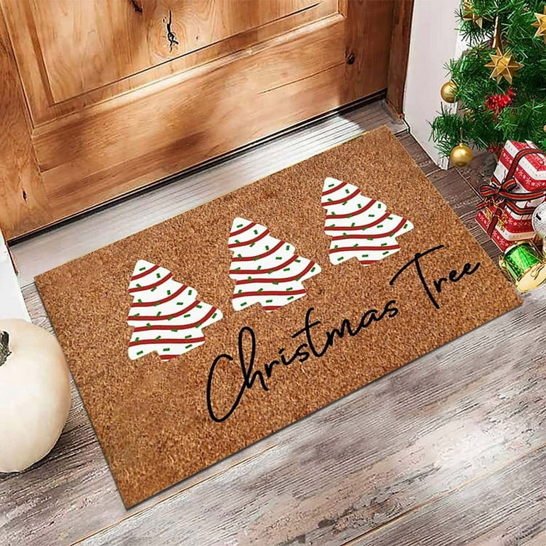 Doormat Stylized Tree Motifs, Script Typography Low Pile, Christmas Tree Motif Rug