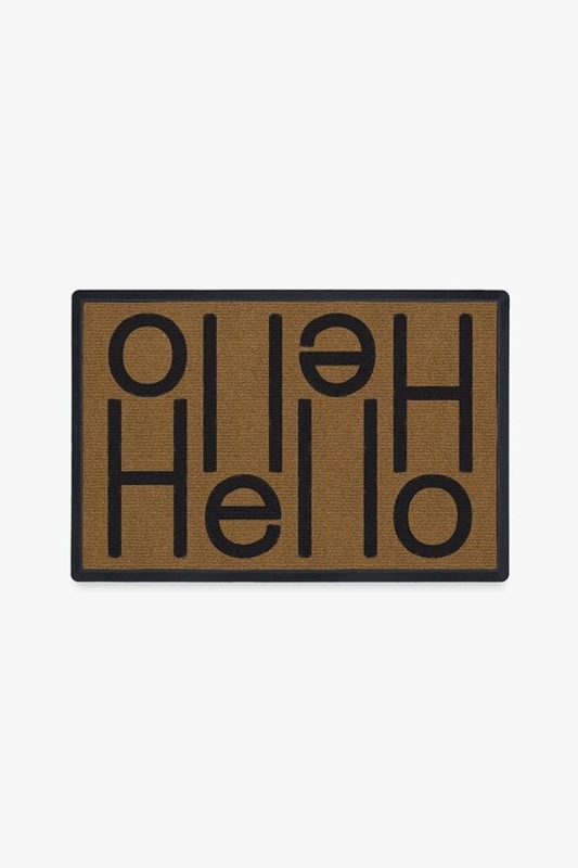 Doormat, Tan, Black Ambigram Hello Text, Bold Typography, Black Border.