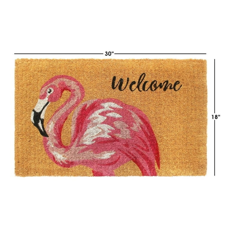 Doormat Tan Coir Fiber Pink Flamingo Graphic Script Text Tropical