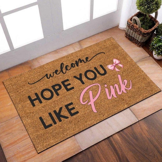 Doormat Tan Coir Like Mixed Typography Pink Bow Graphic Playful