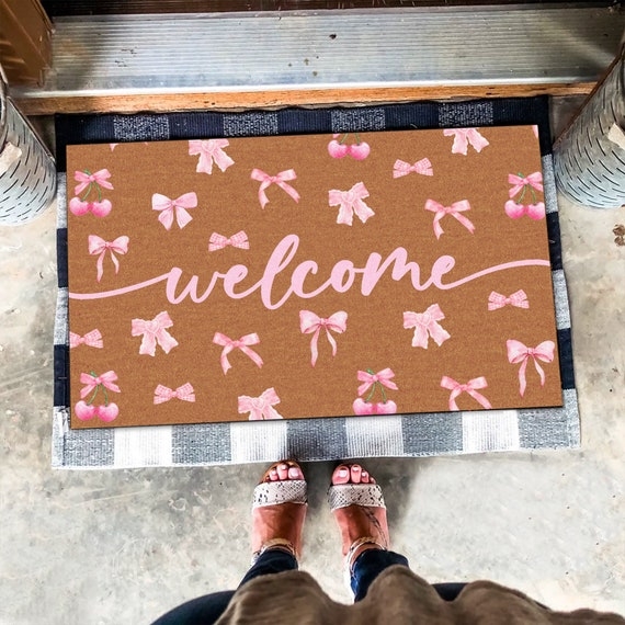 Doormat Tan Coir Like Pink Bow and Cherry Print Script Welcome Mat