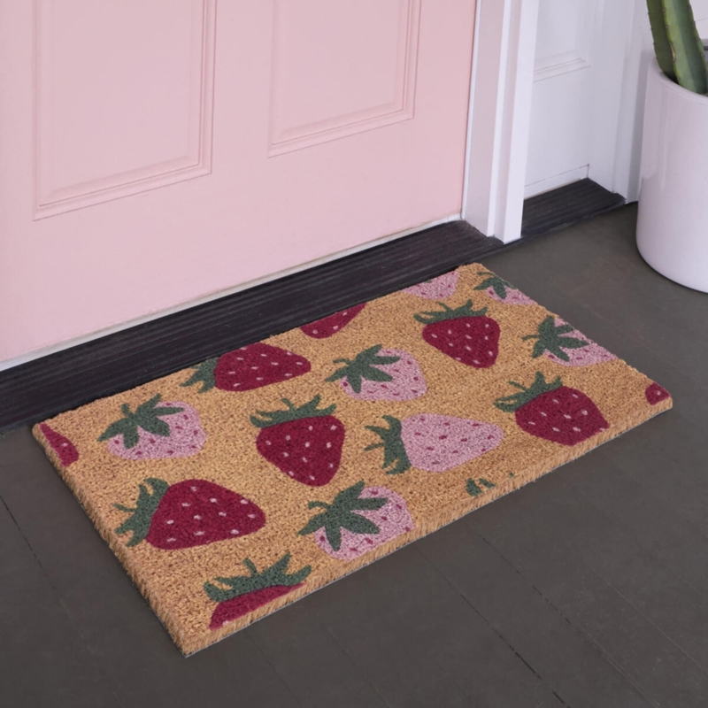 Doormat Tan Coir Like Strawberry Pattern Red Pink Whimsical Decor