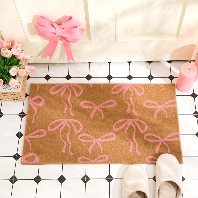 Doormat Tan Watercolor Pink Bow Pattern Coquette Aesthetic Entryway