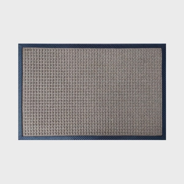 Doormat Taupe Center Navy Blue Border Waffle Grid Texture Rubber