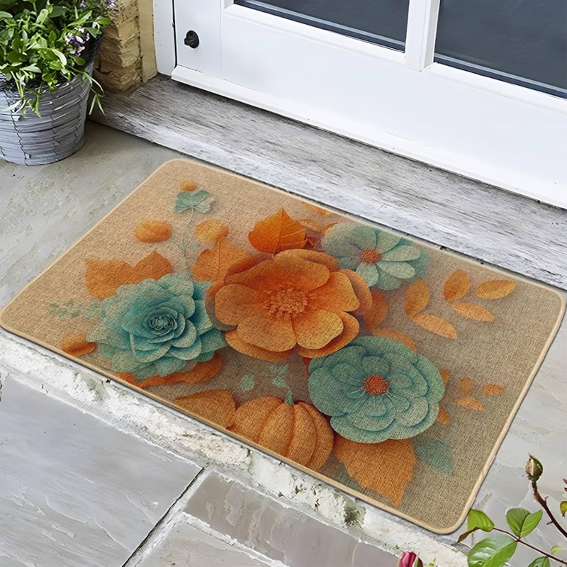 Doormat Teal And Orange Florals Pumpkin Motif Modern Farmhouse Seasonal