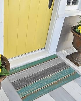 Doormat Teal Color Palette Faux Wood Plank Print Weathered Porch Styling
