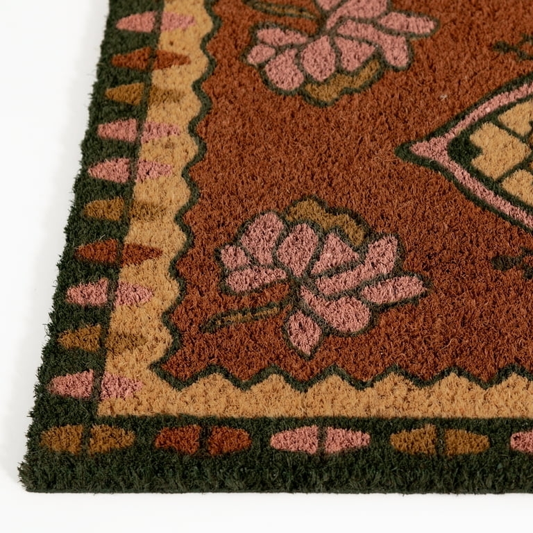 Doormat Terracotta Dark Green Scalloped Border Floral Motifs Coir