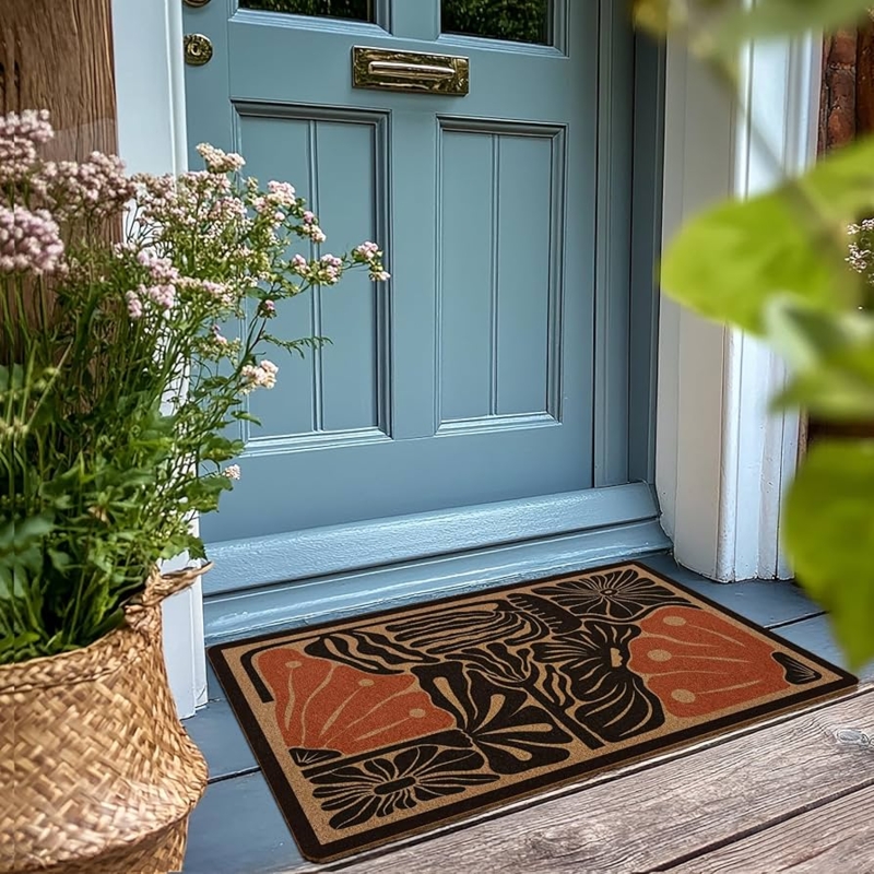 Doormat Terracotta Floral Entrance Mat Styling Coir Black Botanical