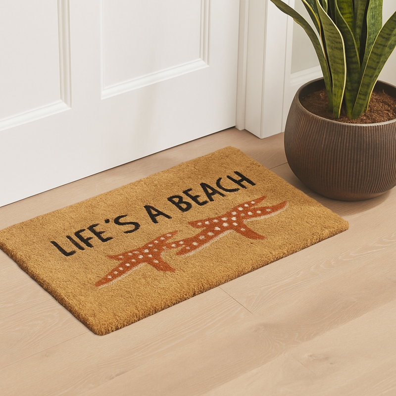 Doormat Text Graphic Starfish Motif Natural Fiber Coarse Coastal Theme